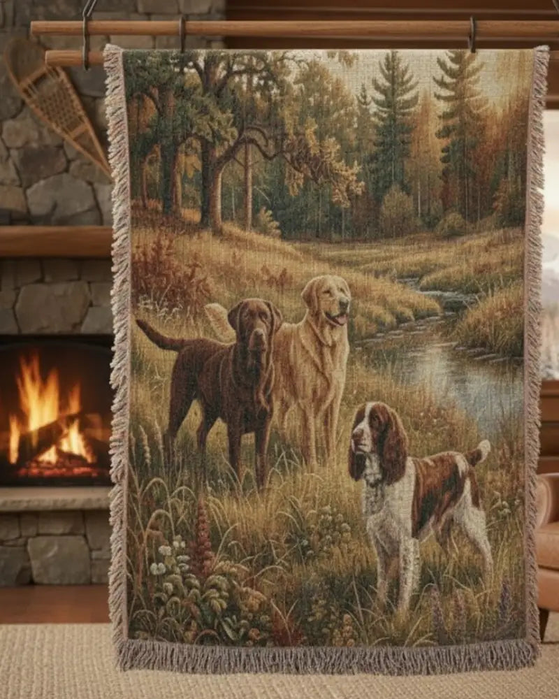 Woven cotton fieldwork blanket with hunting dogs in forest stream by Trini Skies Graphics