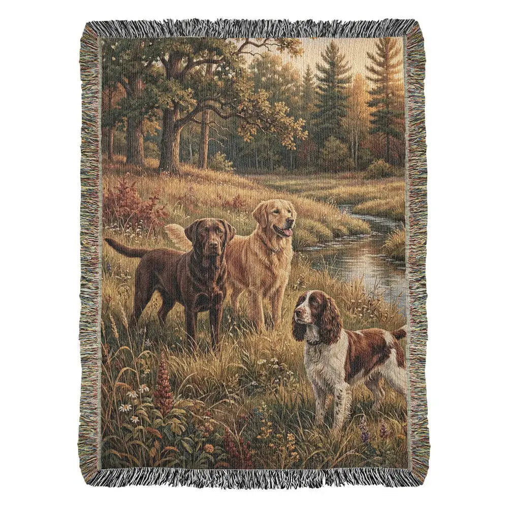 Woven cotton fieldwork blanket with hunting dogs in forest stream, pet lover gifts