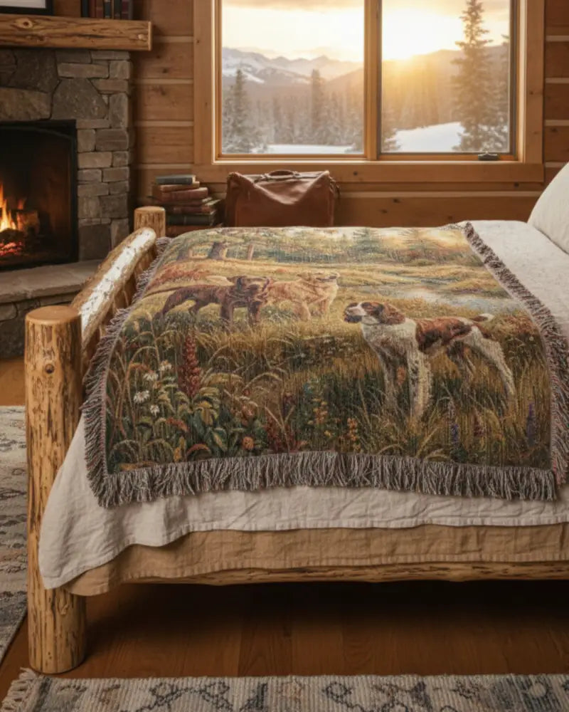 Rustic woven fieldwork blanket nature with hunting dogs and mountains