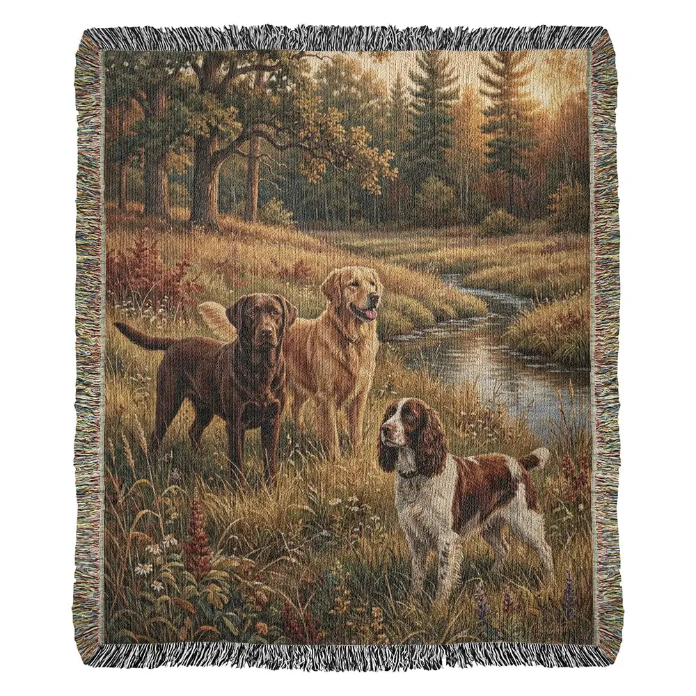 Woven fieldwork blanket nature with three hunting dogs in forest stream, by Trini Skies Graphics, pet lover gifts