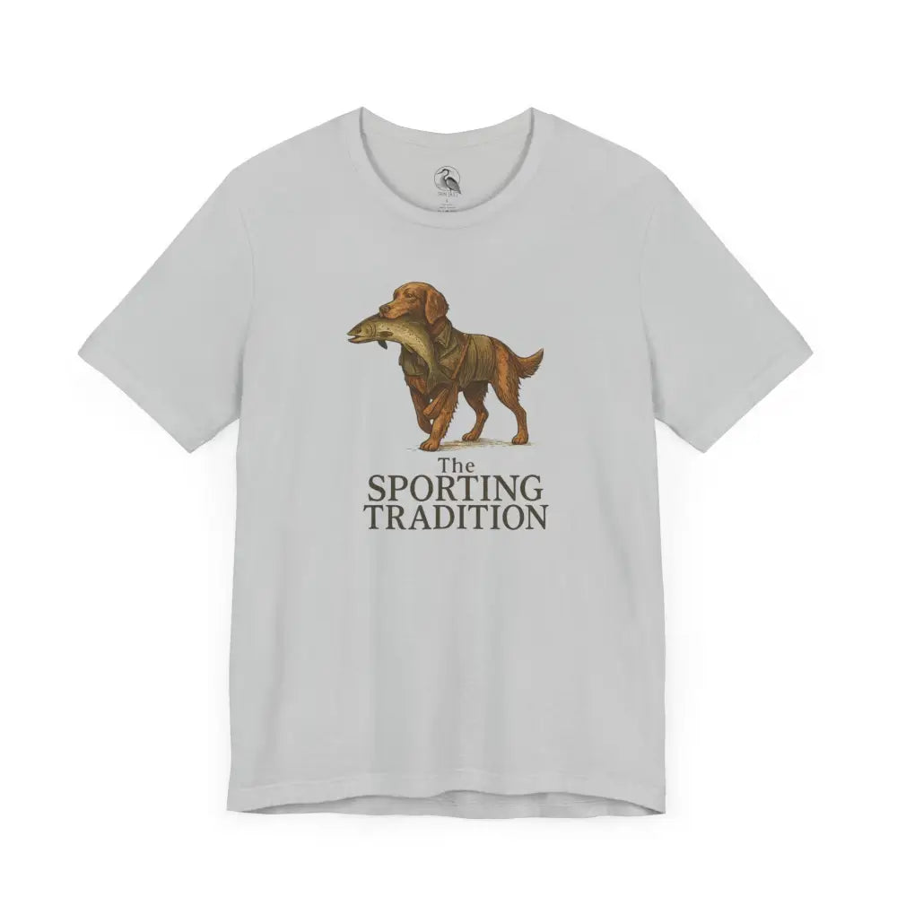 Light gray Sporting Tradition Golden Retriever vintage t-shirt with retriever holding fish graphic