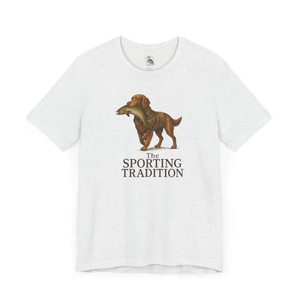 White short-sleeved Sporting Tradition Golden Retriever vintage t-shirt with brown dog holding fish graphic