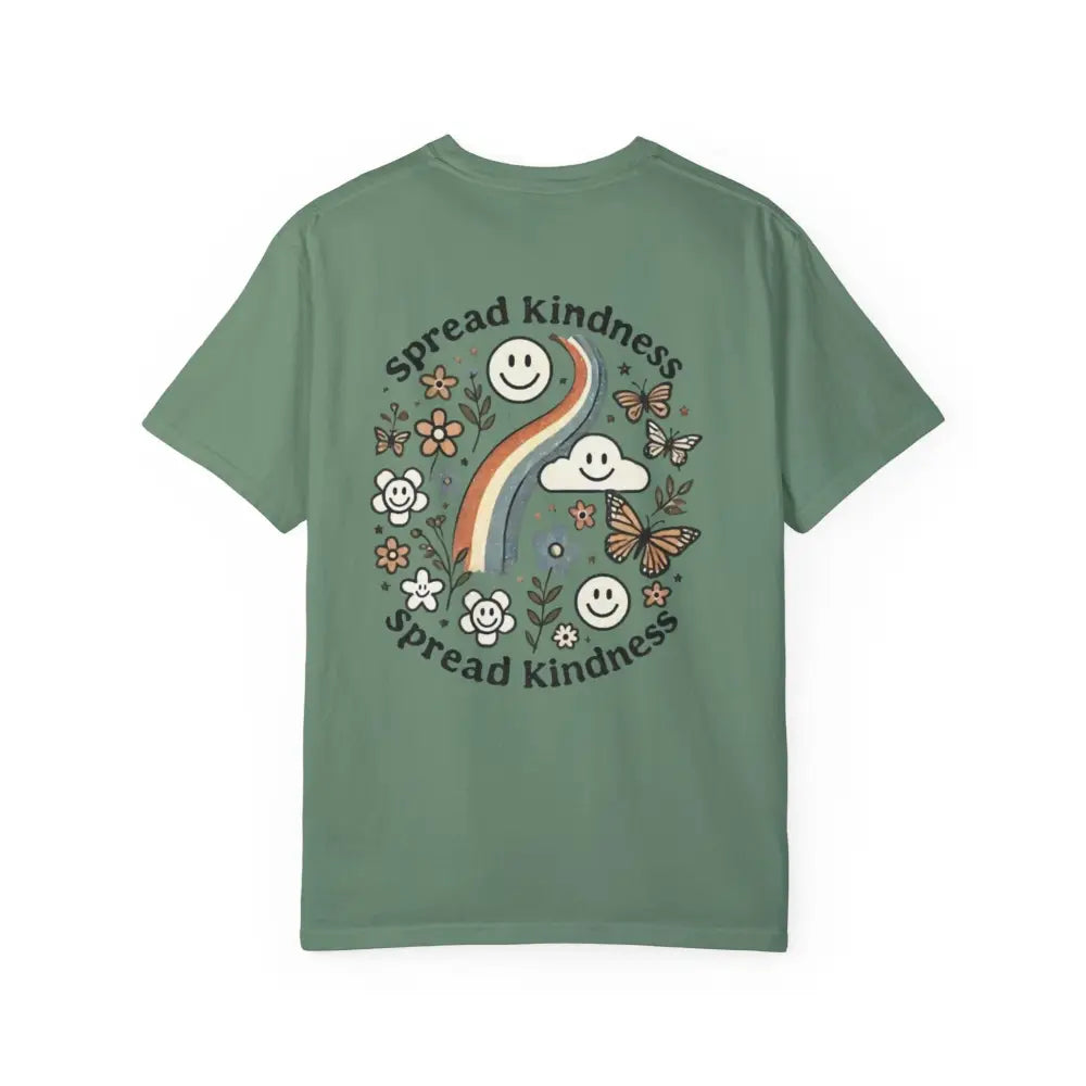 Green short-sleeve T-shirt with colorful rainbow, faces, flowers, butterflies design for spread kindness comfort
