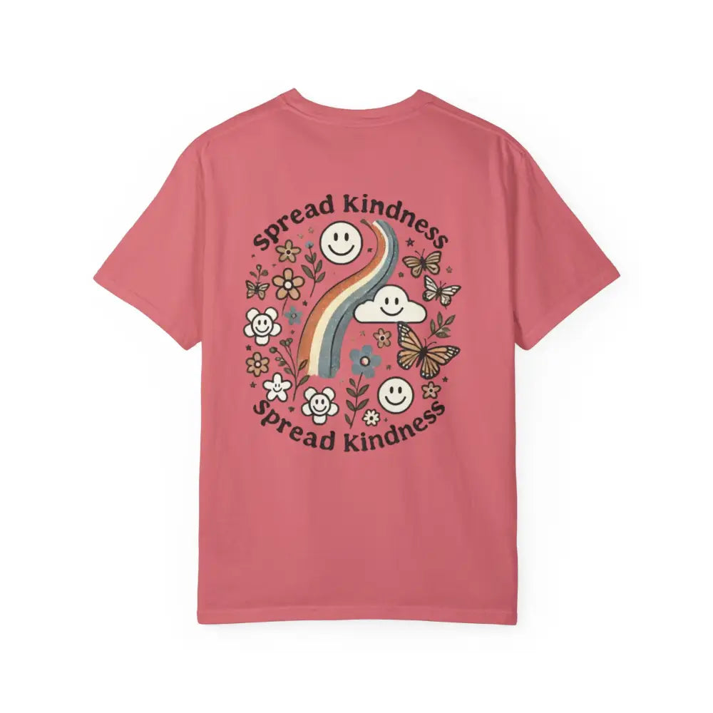 Dusty rose Spread Kindness Comfort graphic tee with colorful back design and cotton fabric