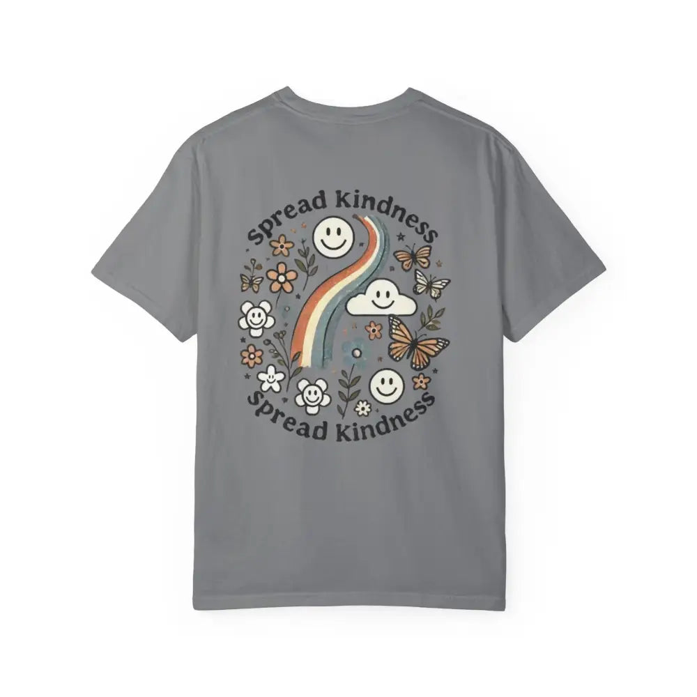 Gray short-sleeve Spread Kindness Comfort Graphic Tee with colorful back design