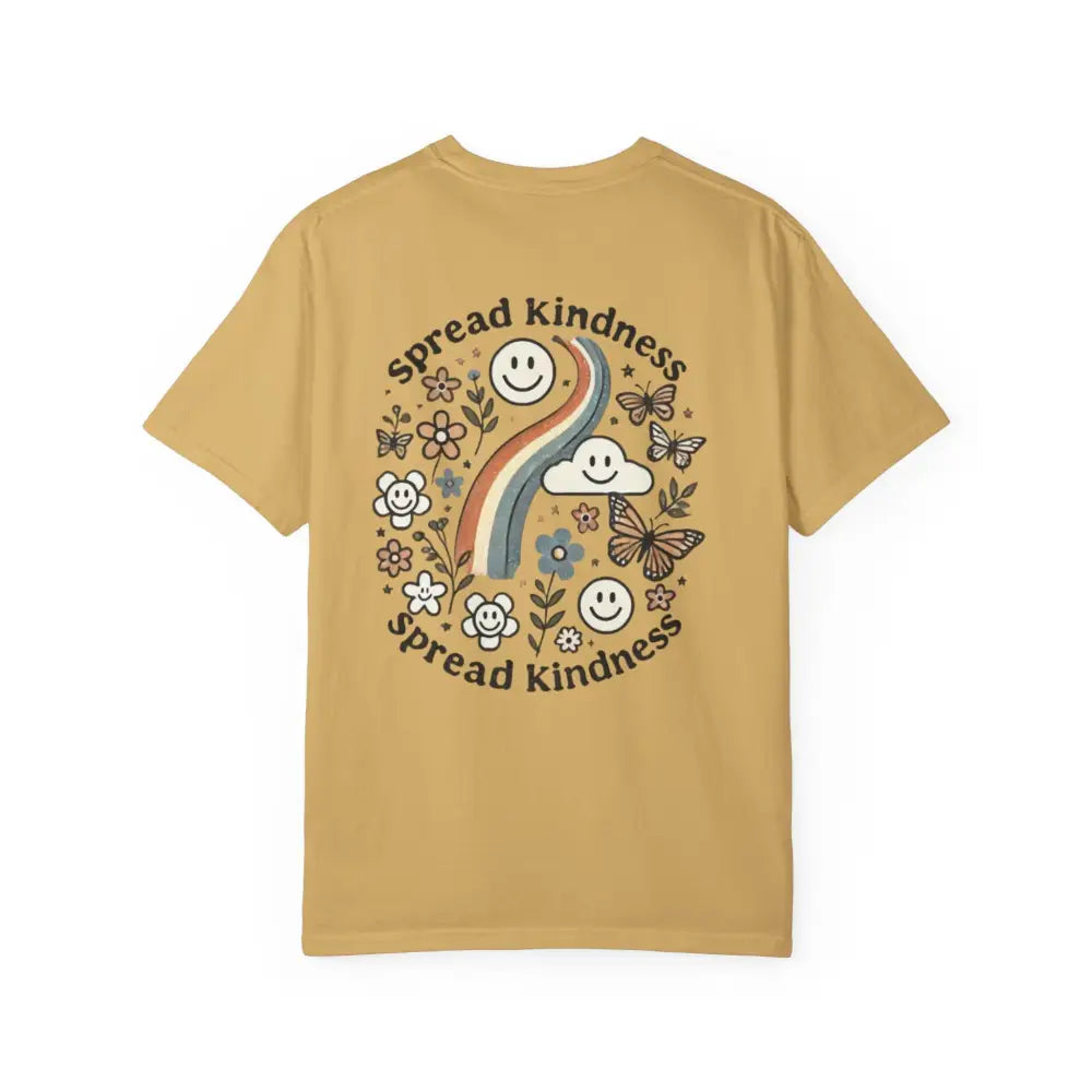 Mustard yellow Spread Kindness Comfort graphic tee with colorful back design for casual wear