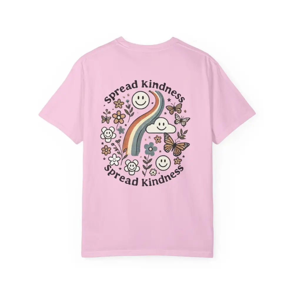 Pink short-sleeve T-shirt with colorful graphic from Spread Kindness Comfort collection