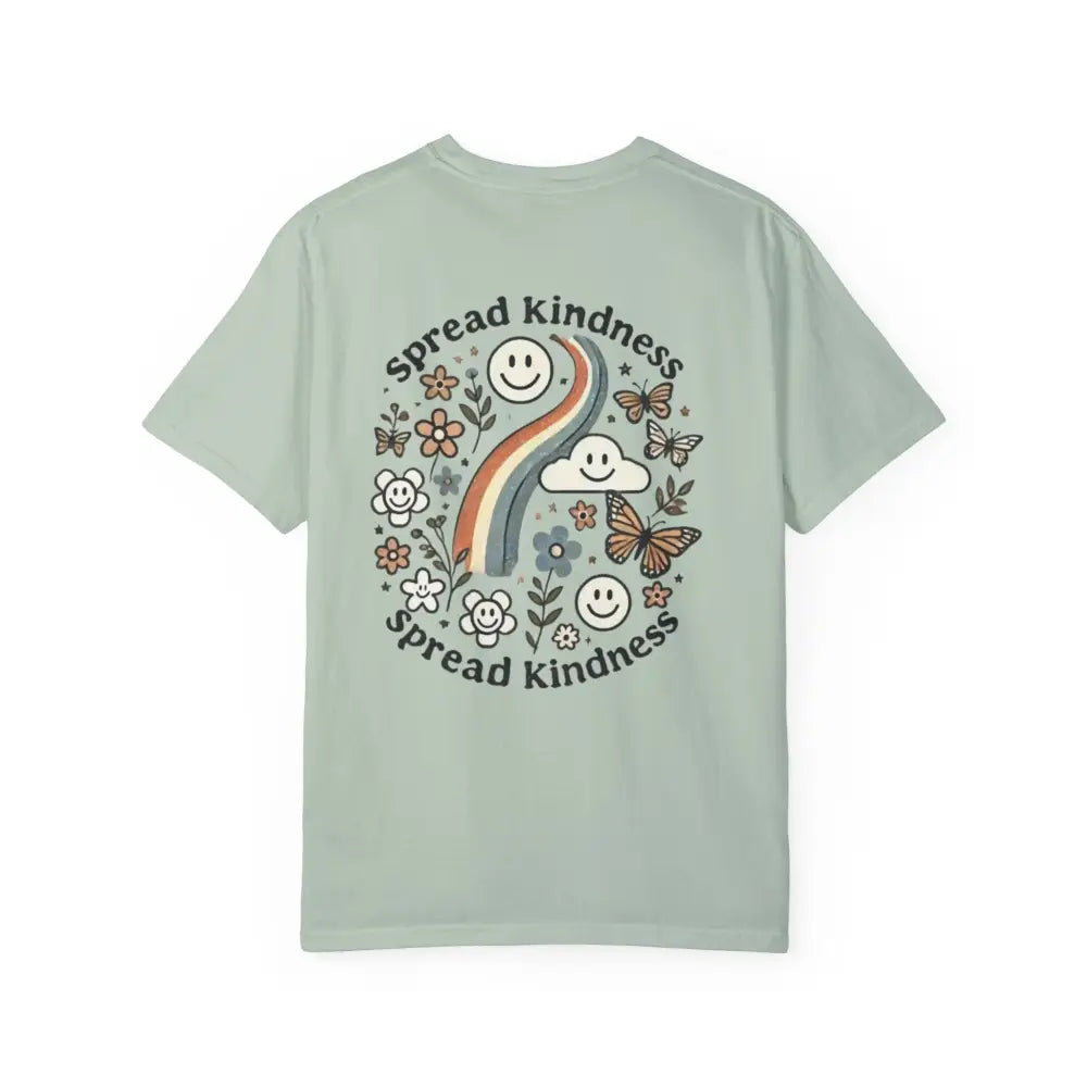 Light green short-sleeved T-shirt with colorful graphic design on back for spread kindness comfort