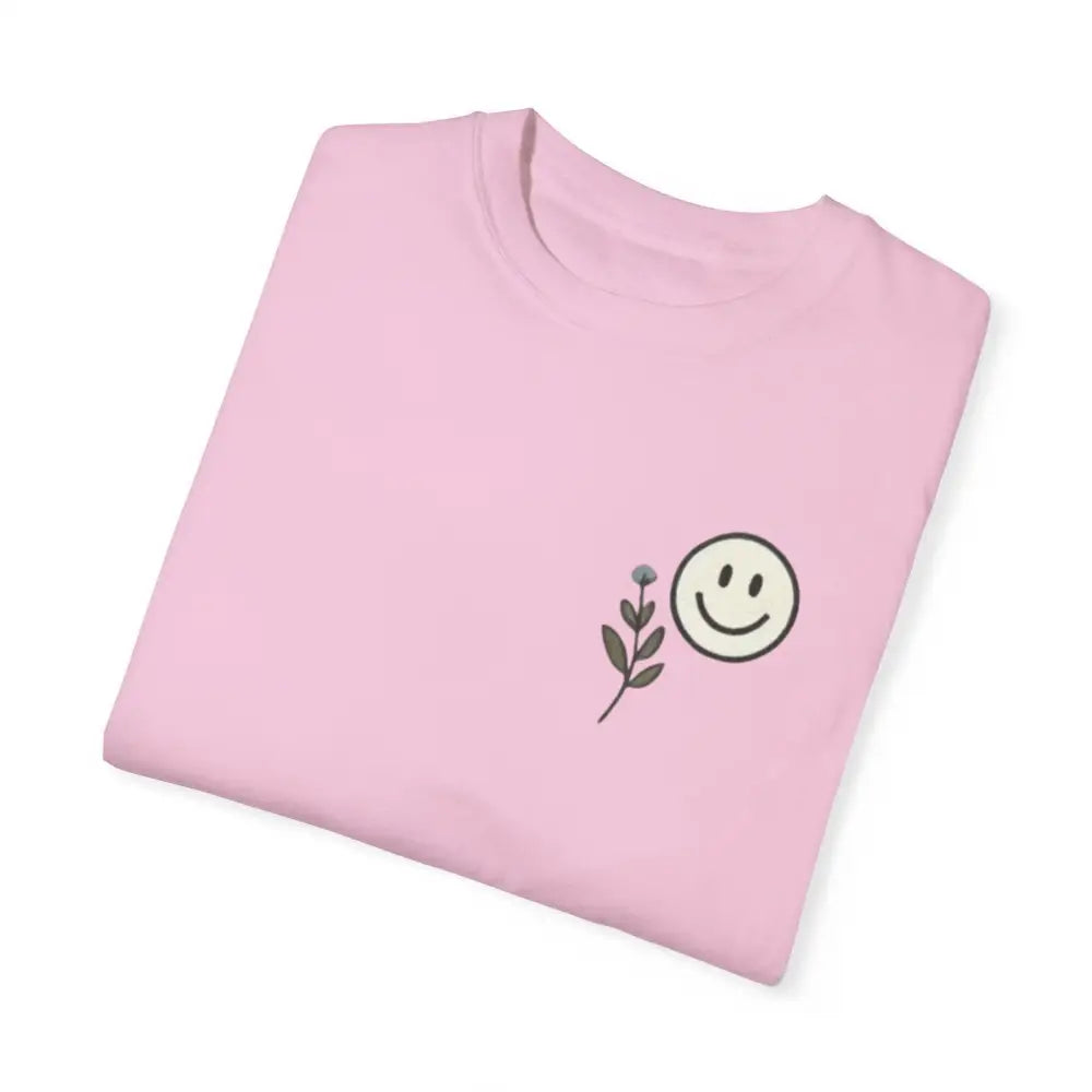 Pink short-sleeved T-shirt with smiley face and floral design from Spread Kindness Comfort collection