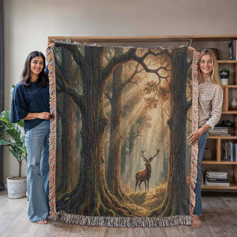 Woven forest cotton blanket with stag in morning light tapestry