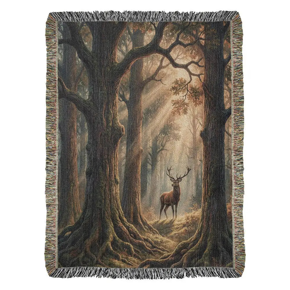 Stag in sunlit forest woven forest cotton blanket nature gifts