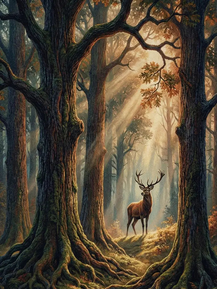 Majestic brown stag in sun-dappled forest on woven forest cotton blanket