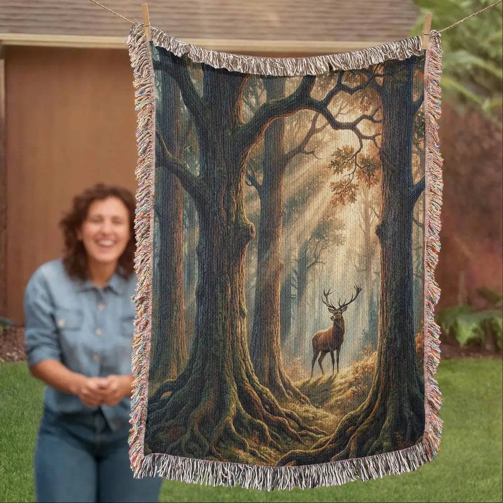 Woven forest cotton blanket with stag in morning light scene