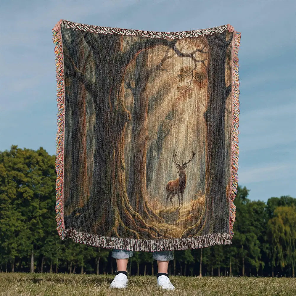 Woven forest cotton blanket with stag in morning light forest scene