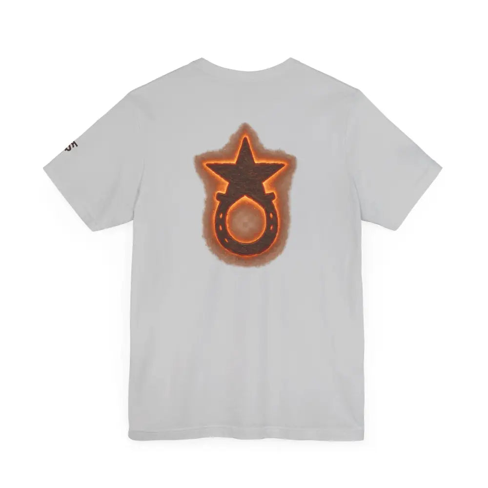White Trini Skies Supply tee with glowing star horseshoe graphic on back