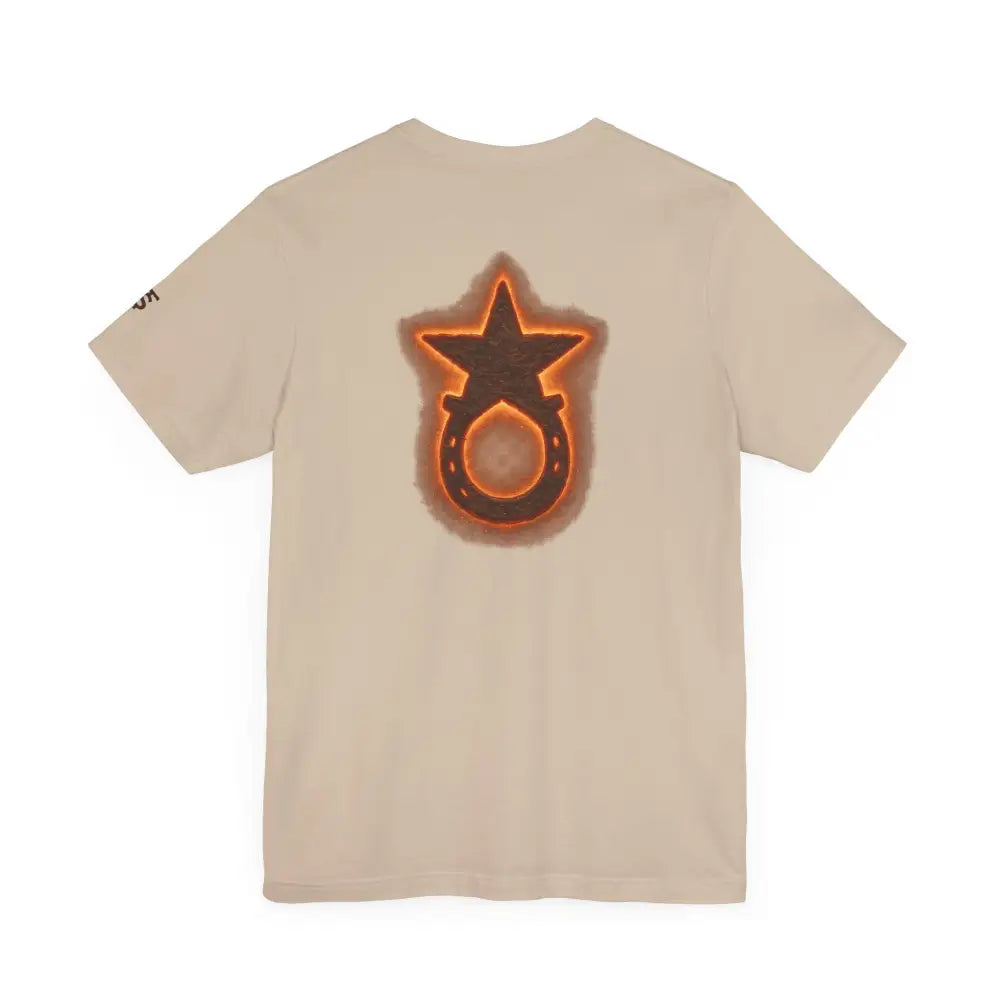 Trini Skies Supply light tan graphic tee with star horseshoe back