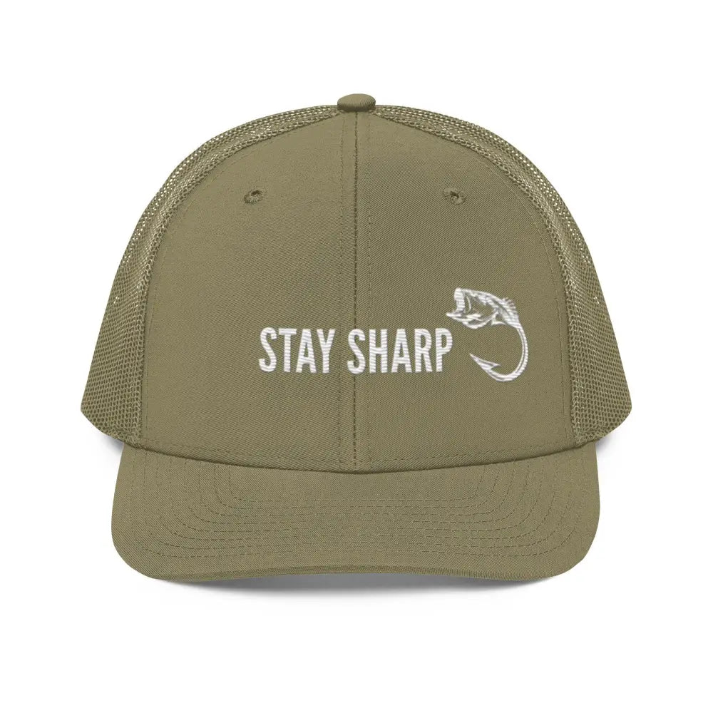 Olive green Stay Sharp fishing embroidered trucker hat by Trini Skies