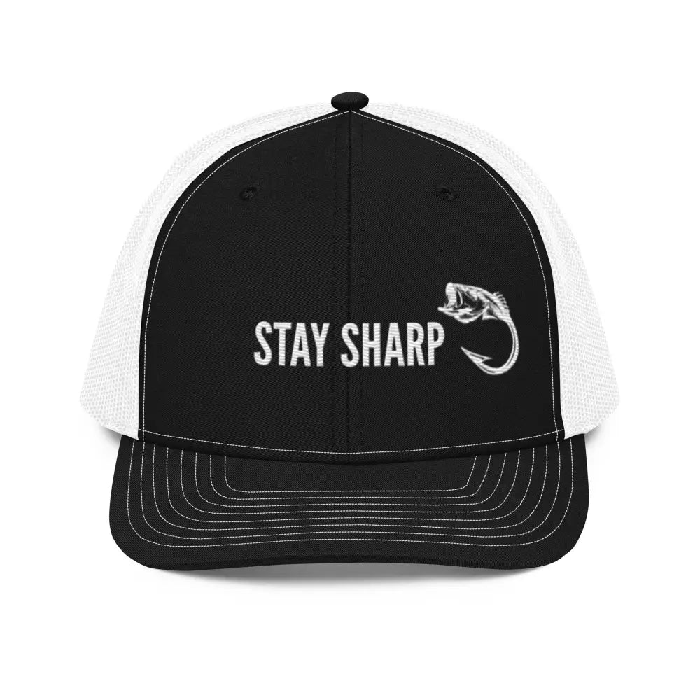 Stay Sharp Fishing embroidered black white mesh trucker hat by Trini Skies
