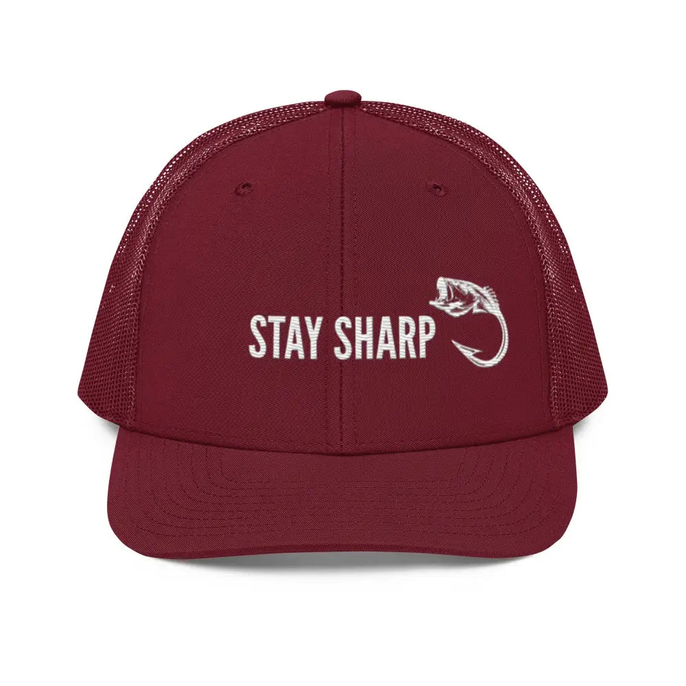 Maroon mesh-back Trini Skies Stay Sharp fishing embroidered trucker hat