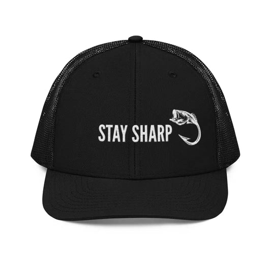 STAY SHARP Fishing Hook Embroidered Trucker Hat – Richardson 112 Camping - Black - Hats black trucker hat white stay 1