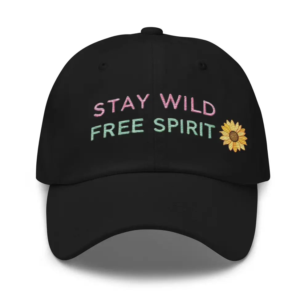 Black embroidered corduroy cap with Stay Wild Free Spirit sunflower design by Trini Skies