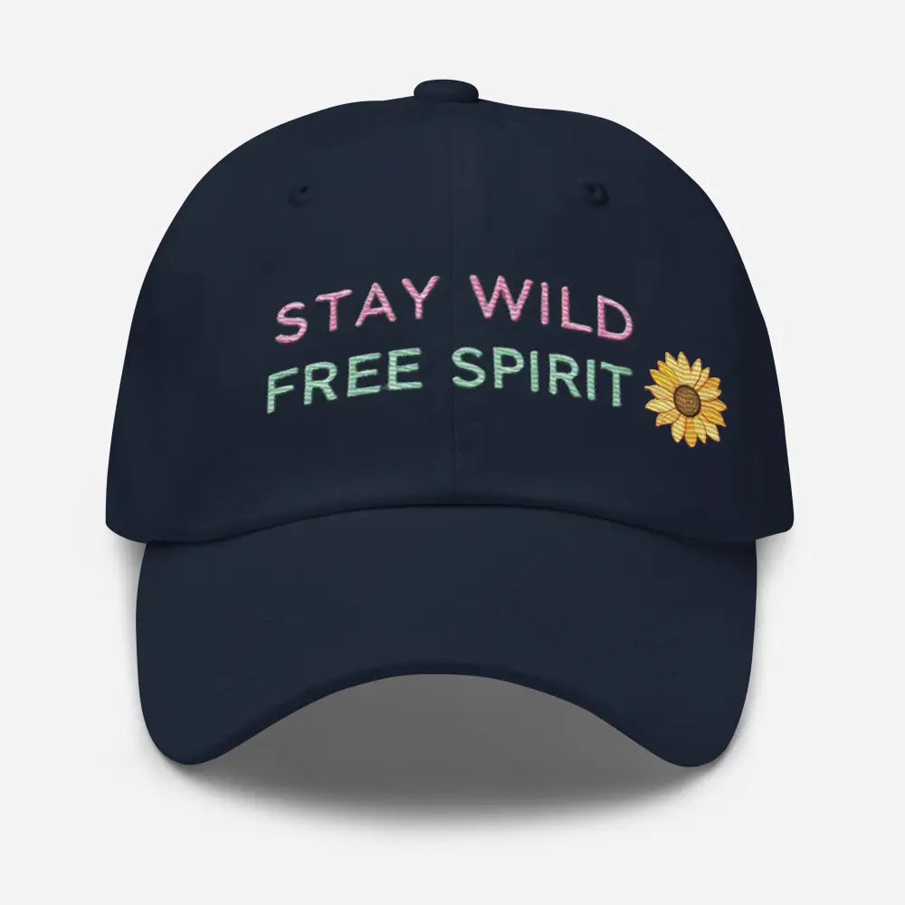 Navy blue embroidered corduroy cap with sunflower and Stay Wild Free Spirit text