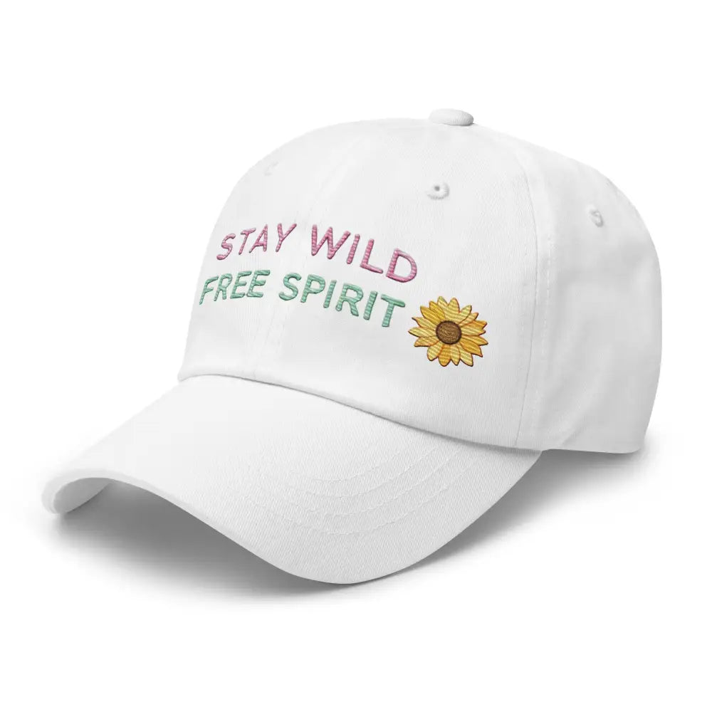 White embroidered corduroy cap with Stay Wild Free Spirit sunflower design in Trini Skies style