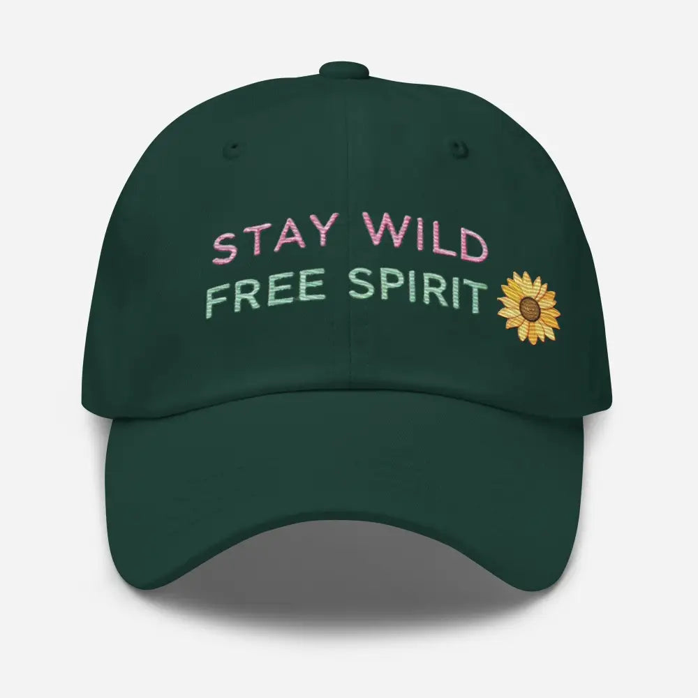 Dark green embroidered corduroy cap with sunflower design and Stay Wild Free Spirit embroidery