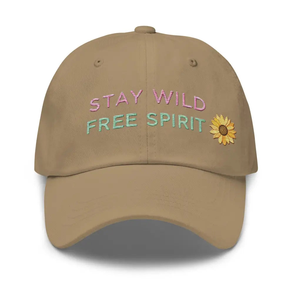 Embroidered corduroy cap with Stay Wild Free Spirit sunflower design under Trini Skies
