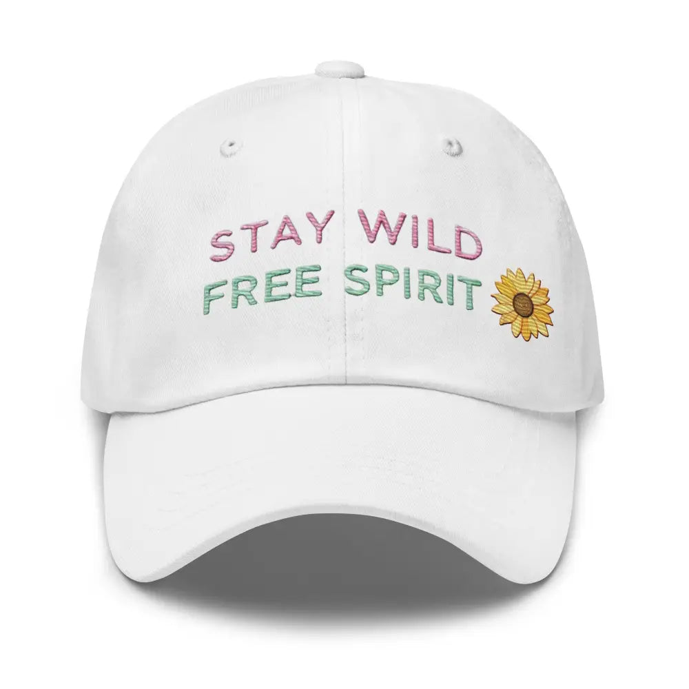 White embroidered corduroy cap with sunflower and Stay Wild Free Spirit text from Trini Skies