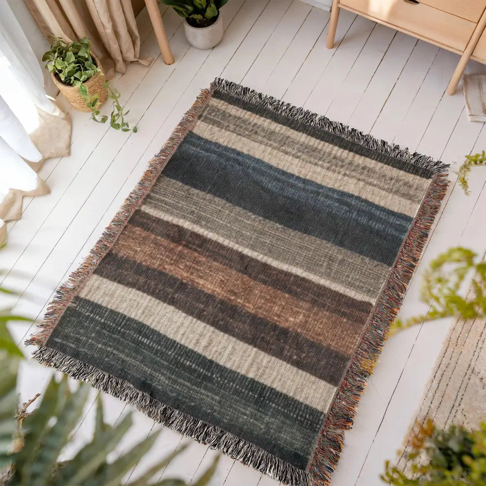 Striped woven blanket in neutral lodge-inspired cotton tapestry with fringed edges