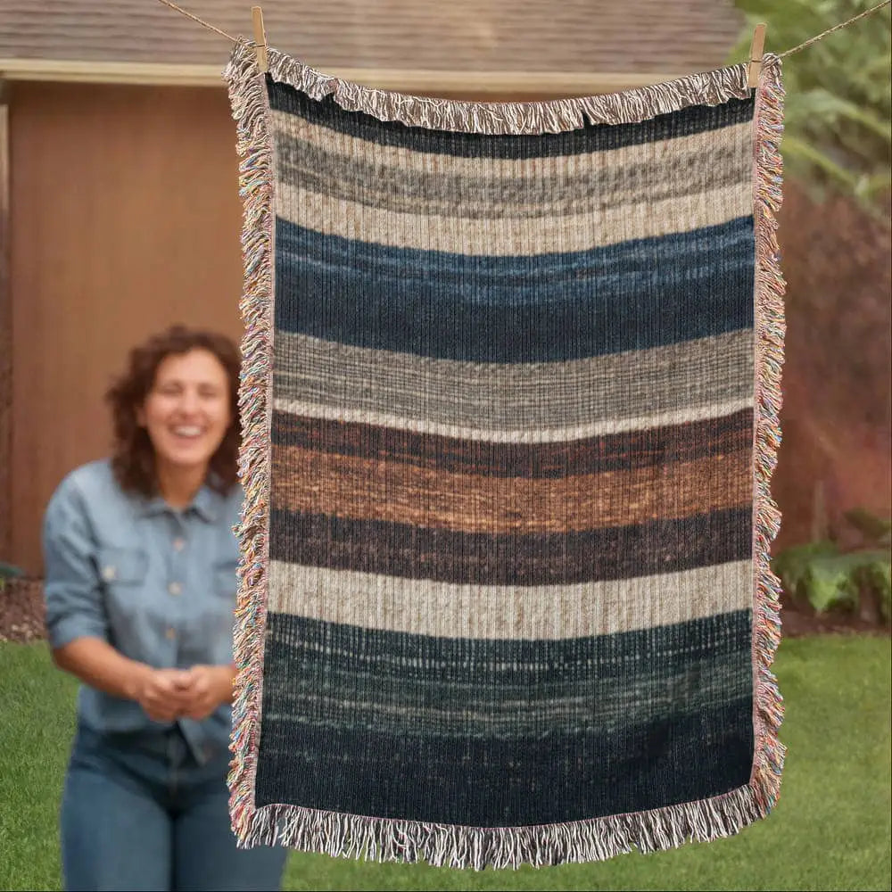 Striped woven blanket in neutral lodge-inspired cotton tapestry