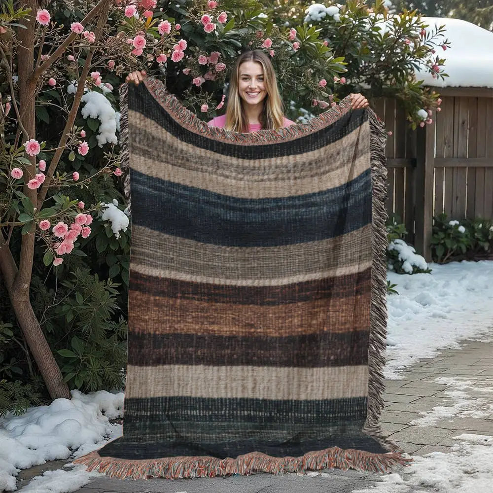 Striped woven blanket in neutral lodge-inspired cotton tapestry