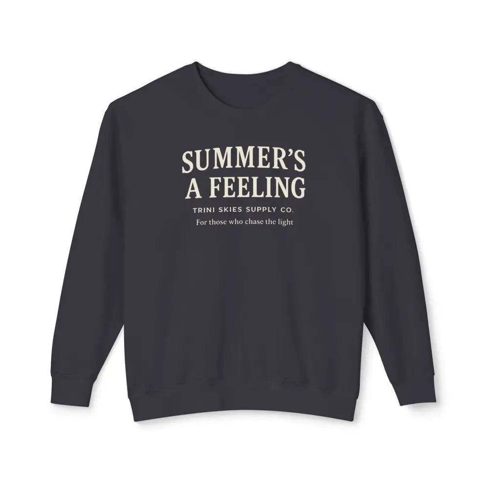 Dark grey long-sleeved feeling coastal crewneck sweatshirt with white text