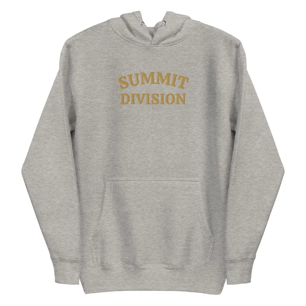 Light gray Summit Division hoodie from Trini Skies Supply, embroidered gold letters