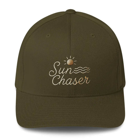 Sunchaser Embroidered Structured Twill Cap. Stretch Fit Athletic Hat - Hats olive green baseball cap sun 1