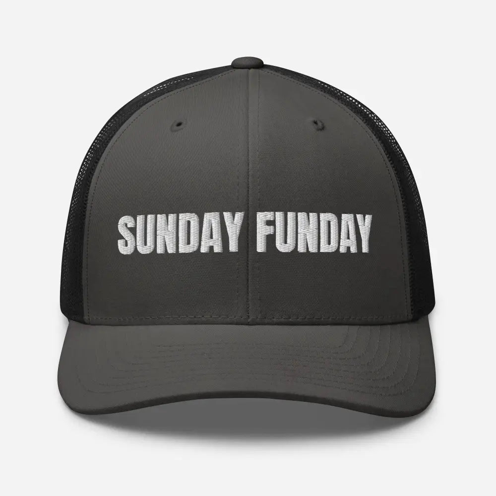 Dark gray and black mesh trucker cap with sunday funday embroidered design by Trini Skies