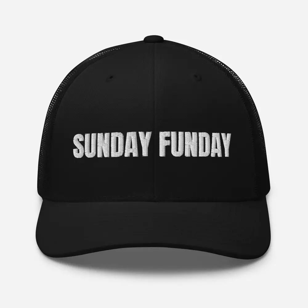 Black Trini Skies embroidered corduroy cap with Sunday Funday embroidered text