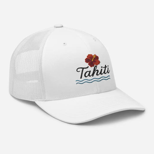 White mesh-back trucker hat with hibiscus and Tahiti embroidery, tropical vacation accessory