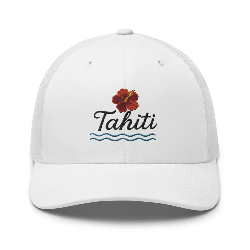 White trucker hat with Tahiti embroidered and red hibiscus flower front design
