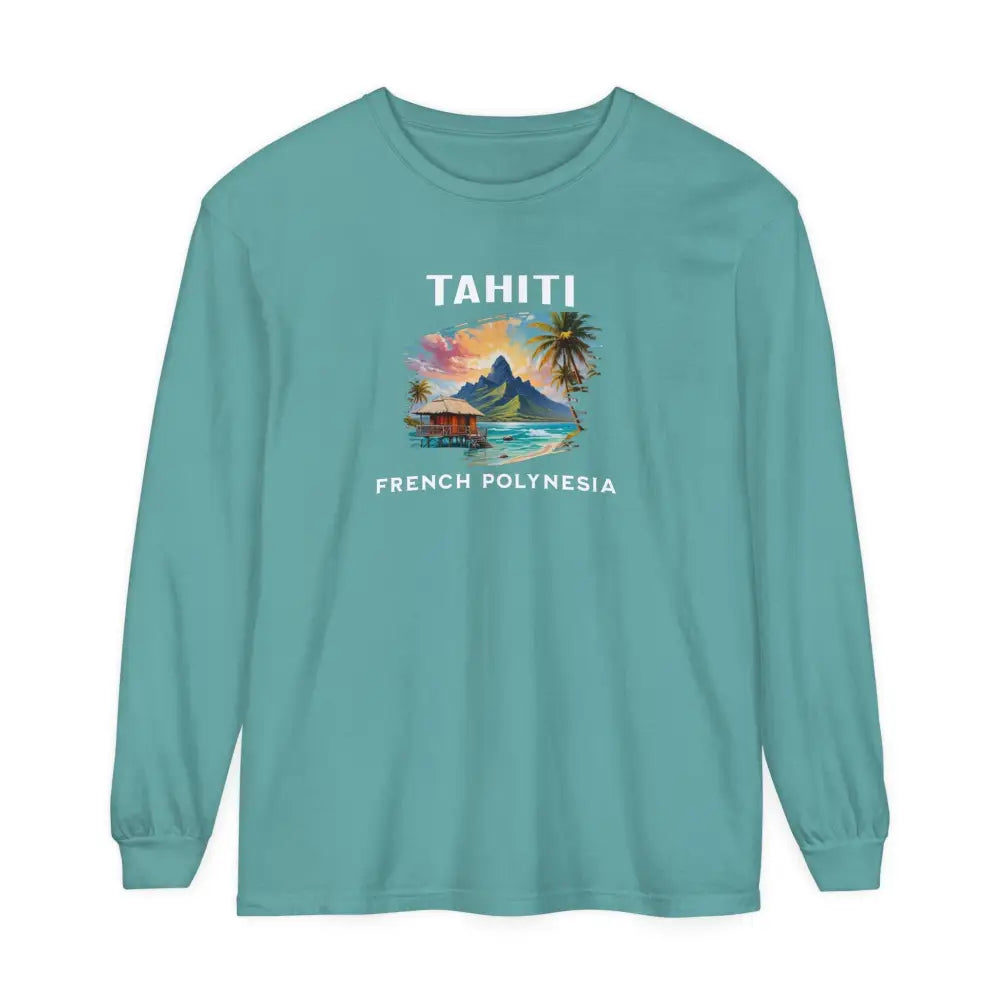 Teal long-sleeved Tahiti French Polynesia graphic tee with tropical vacation and coral reefs