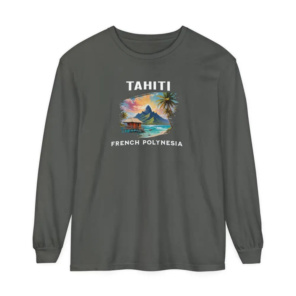 Dark grey crew-neck tee with colorful Tahiti French Polynesia tropical vacation scene and coral reefs