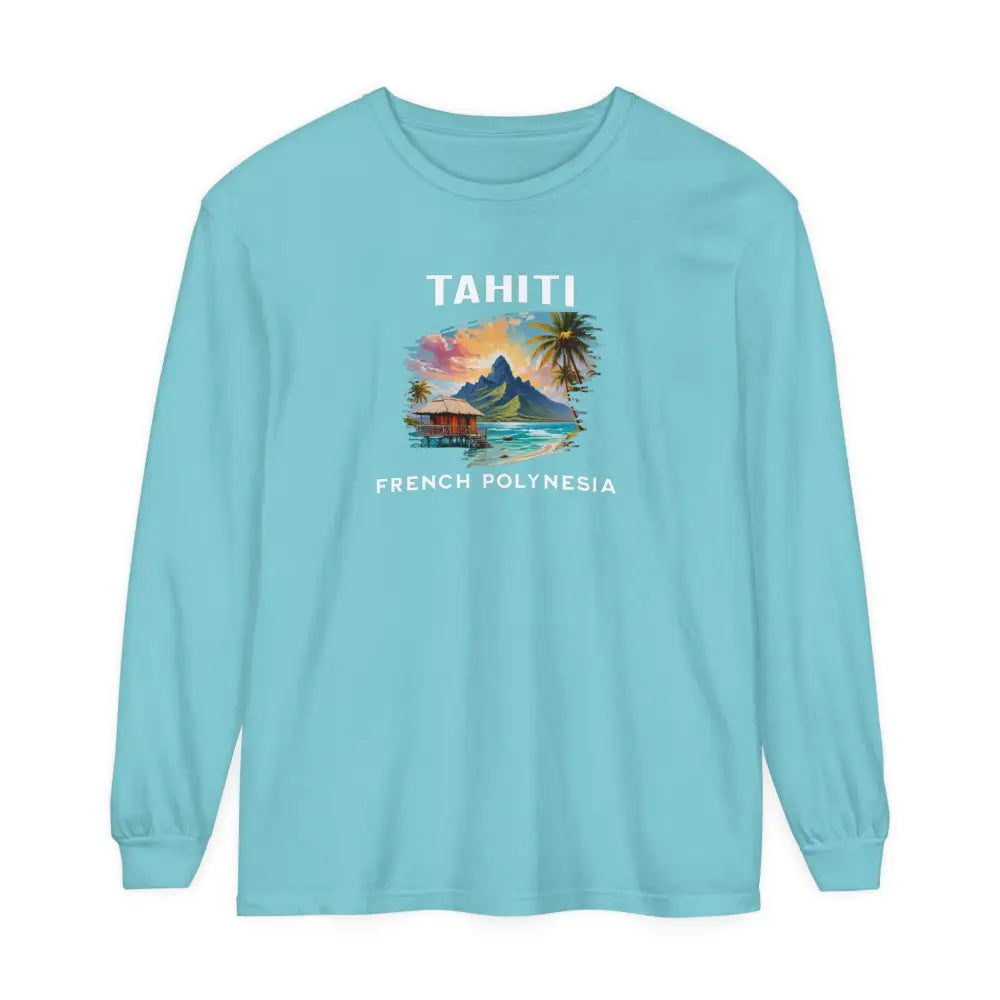 Light blue Tahiti French Polynesia tropical vacation graphic tee with coral reefs design