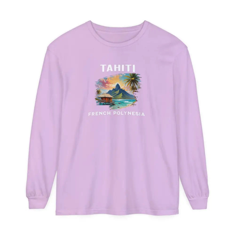 Light purple long-sleeved Tahiti French Polynesia tropical vacation tee with colorful island graphic