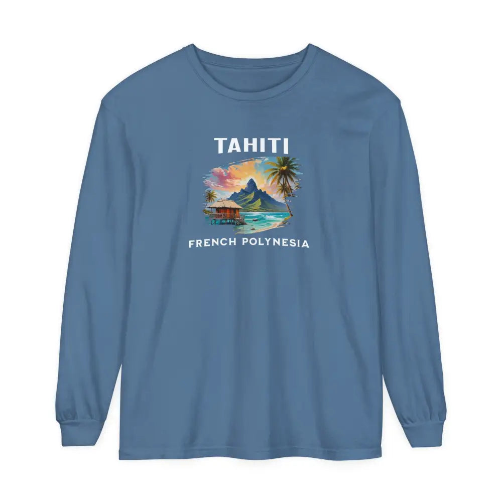 Blue long-sleeved Tahiti French Polynesia tropical vacation graphic tee with coral reefs scene