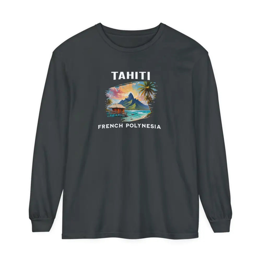 Dark gray Tahiti French Polynesia tropical vacation graphic tee with colorful coral reefs