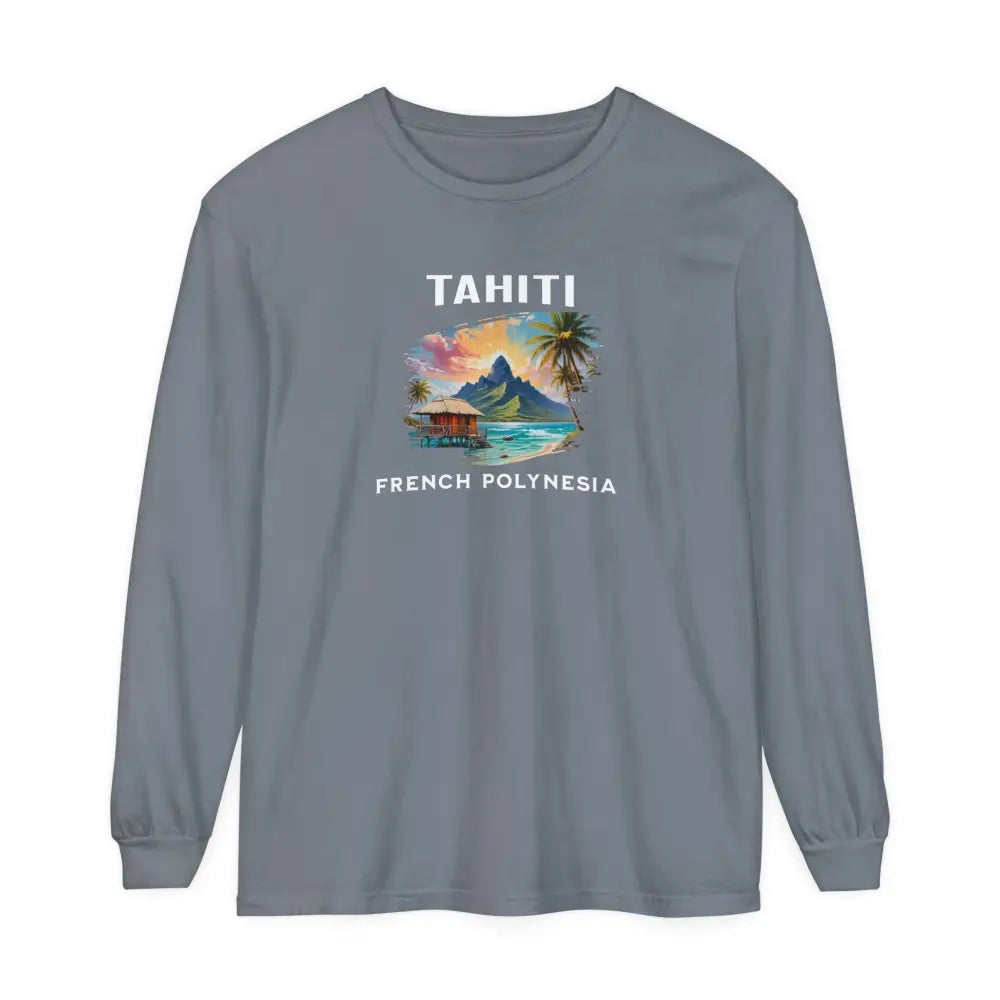 Gray long-sleeved Tahiti French Polynesia graphic tee with tropical beach scene and coral reefs