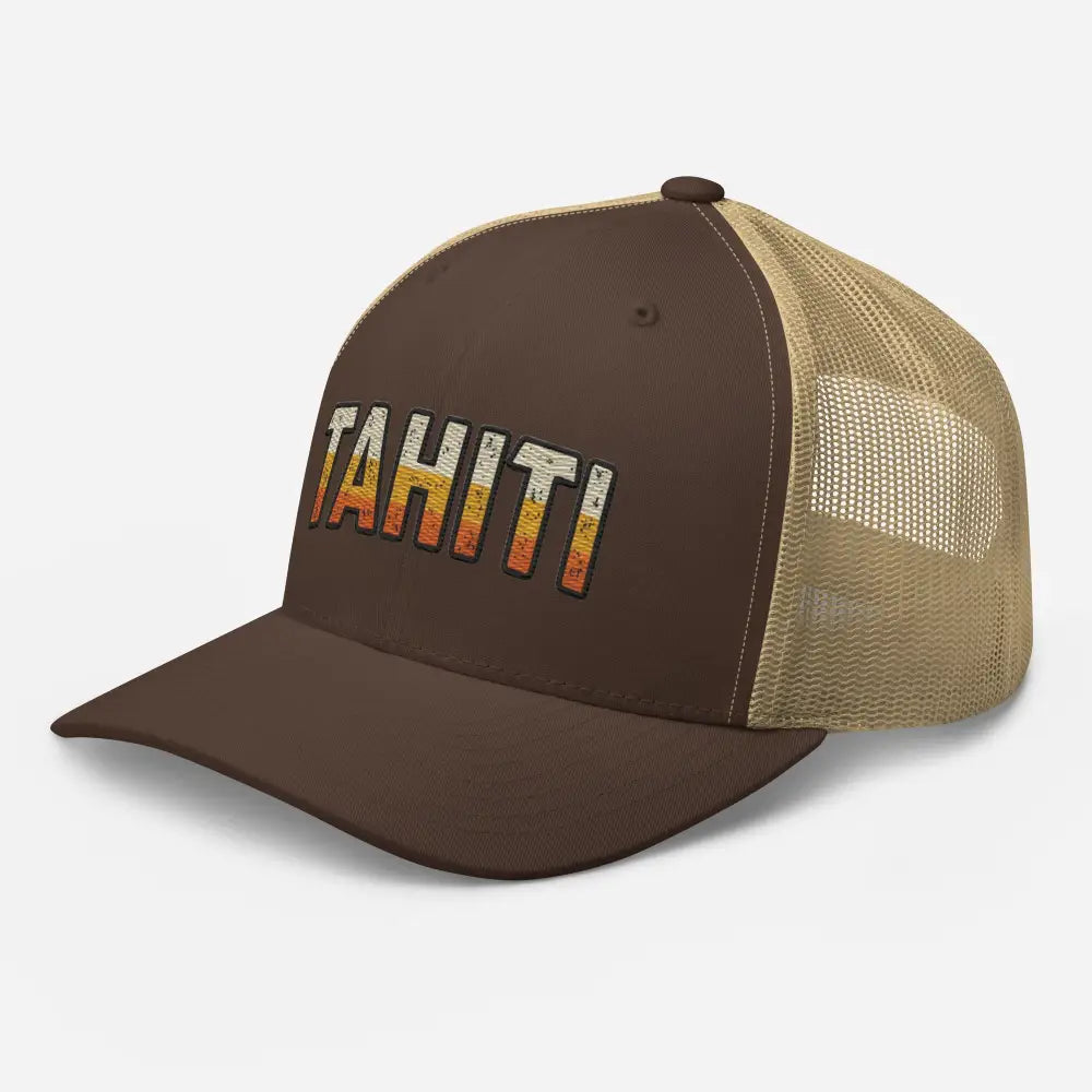 Brown Tahiti trucker hat with colorful distressed Tahiti lettering and sunset embroidery