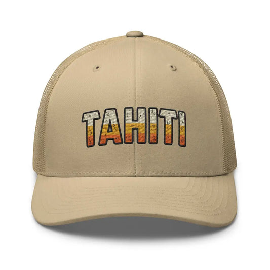 Beige Tahiti trucker hat with retro sunset gradient embroidery, perfect for island travel