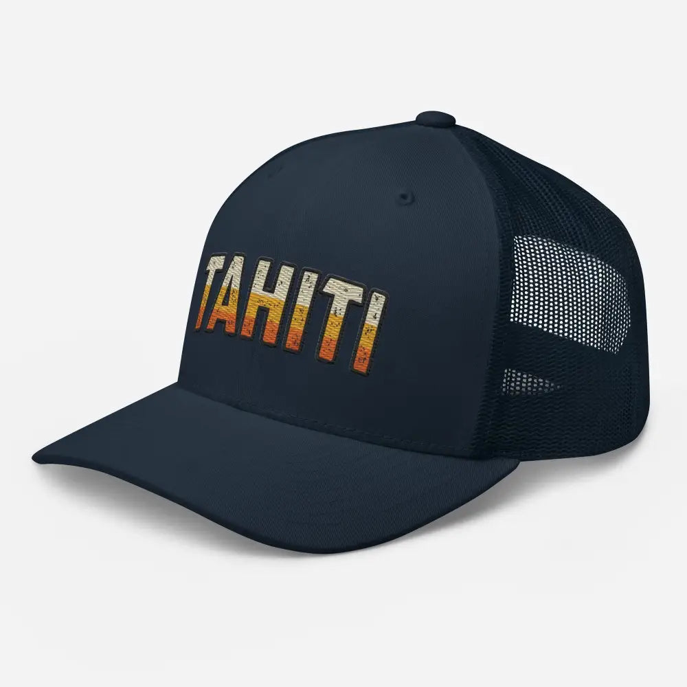 Navy blue Tahiti trucker hat with Tahiti text and retro sunset embroidery for summer style